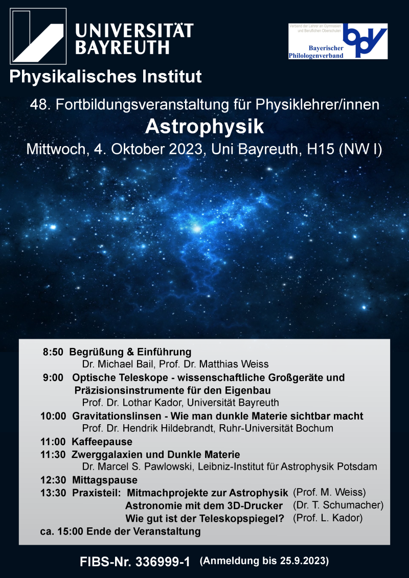 48. Forbildungsveranstaltung für Physiklehrer:innen am 4. Oktober 2023: Astrophysik
