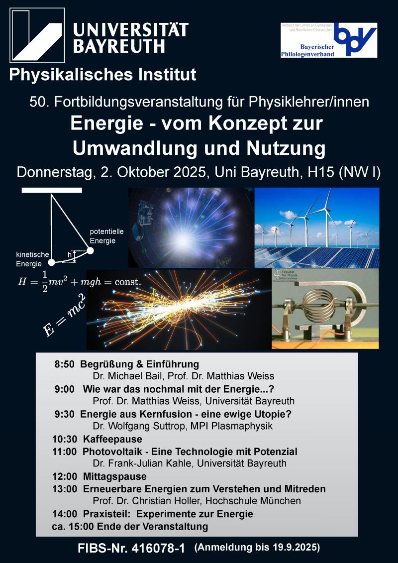 50. Forbildungsveranstaltung für Physiklehrer/-innen am 2. Oktober 2025: Energie - vom Konzept zur Umwandlung und Nutzung
