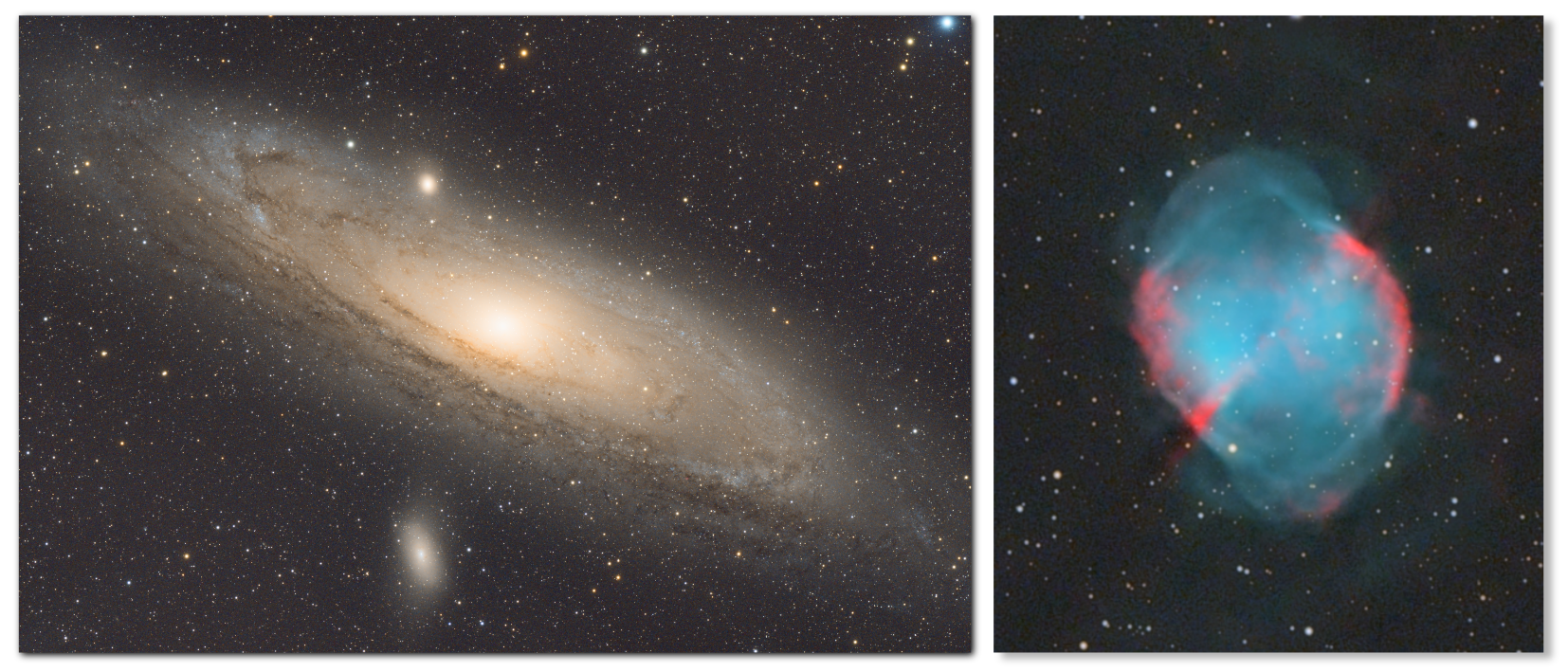 Die Andromeda-Galaxie (links) in unserer galaktischen Nachbarschaft sowie der Hantelnebel (rechts).